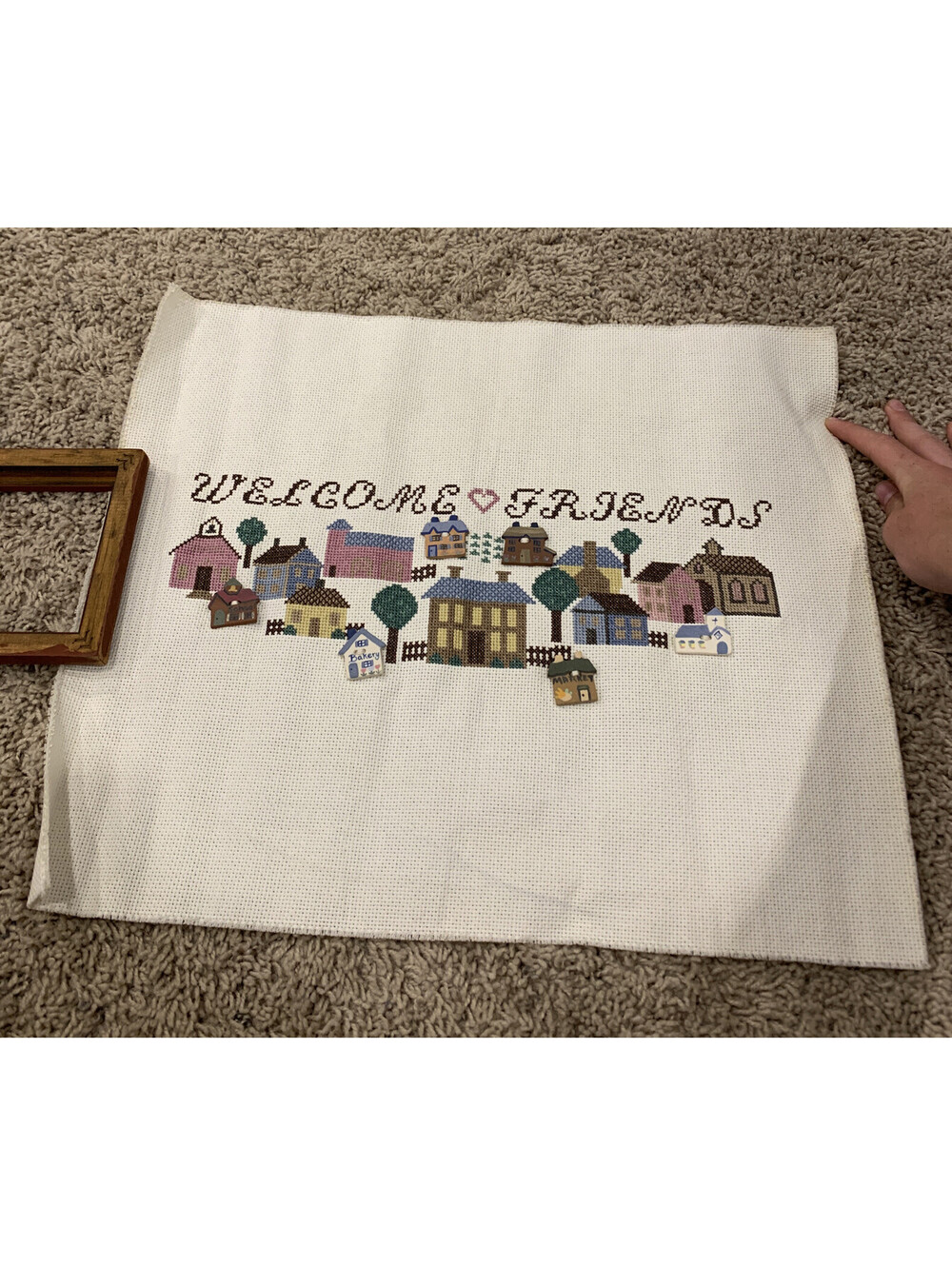 Cross Stitched Completed Welcome Friends With Colonial Houses Wall Art